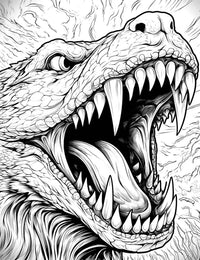 A detailed horror coloring page of a roaring Dragon Wolf monster, a powerful hybrid of a reptile and a wolf, with a wide-open mouth full of sharp teeth and a furry mane.