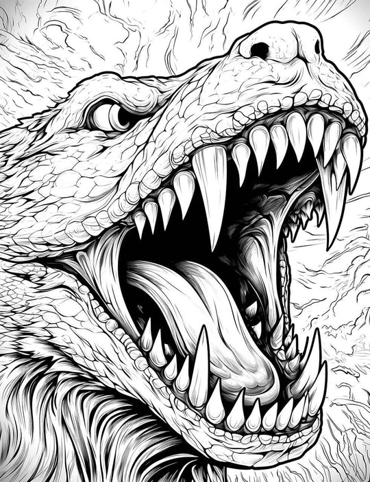 A detailed horror coloring page of a roaring Dragon Wolf monster, a powerful hybrid of a reptile and a wolf, with a wide-open mouth full of sharp teeth and a furry mane.