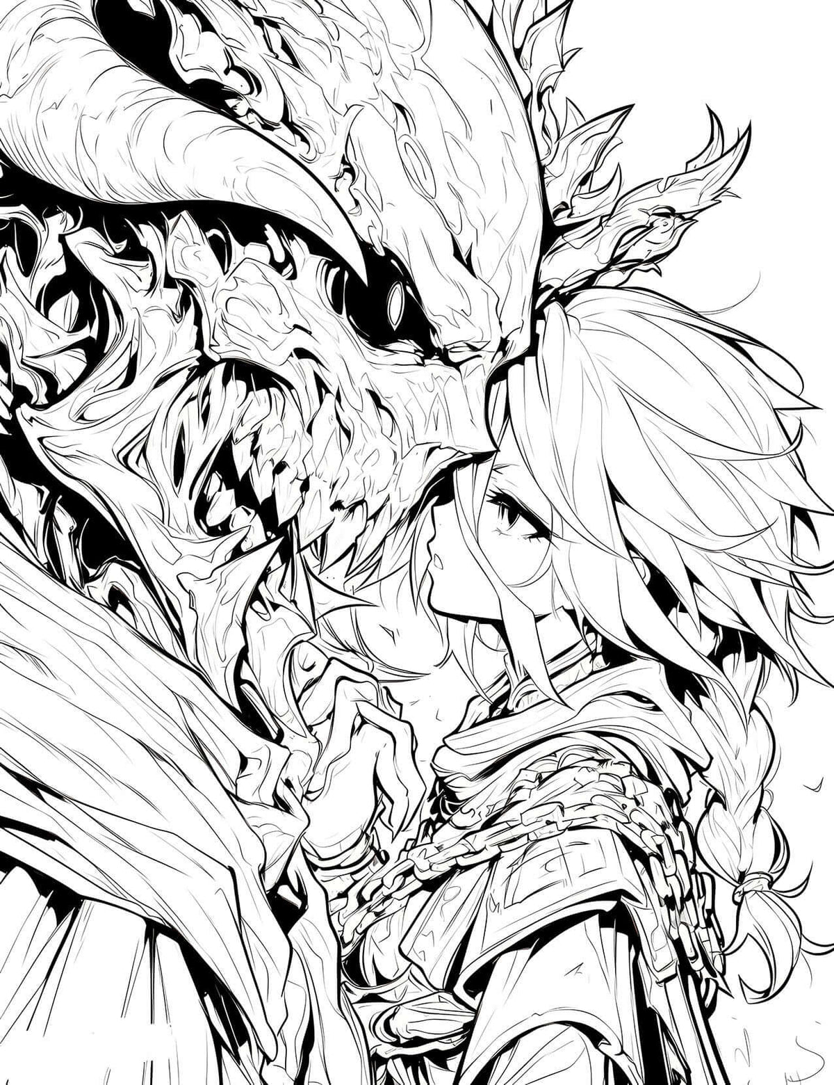 Dragon's Embrace: Anime Girl & Dragon Coloring Page | Infinite Visibility