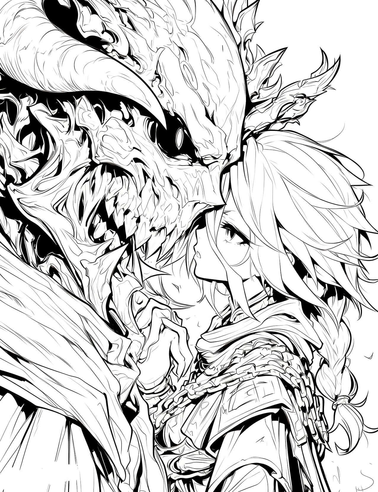 Dragon's Embrace: Anime Girl & Dragon Coloring Page | Infinite Visibility