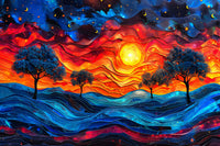 Vibrant Dreamscape Wall Art of a surreal, layered sunset with silhouetted trees under a magical starry night sky.