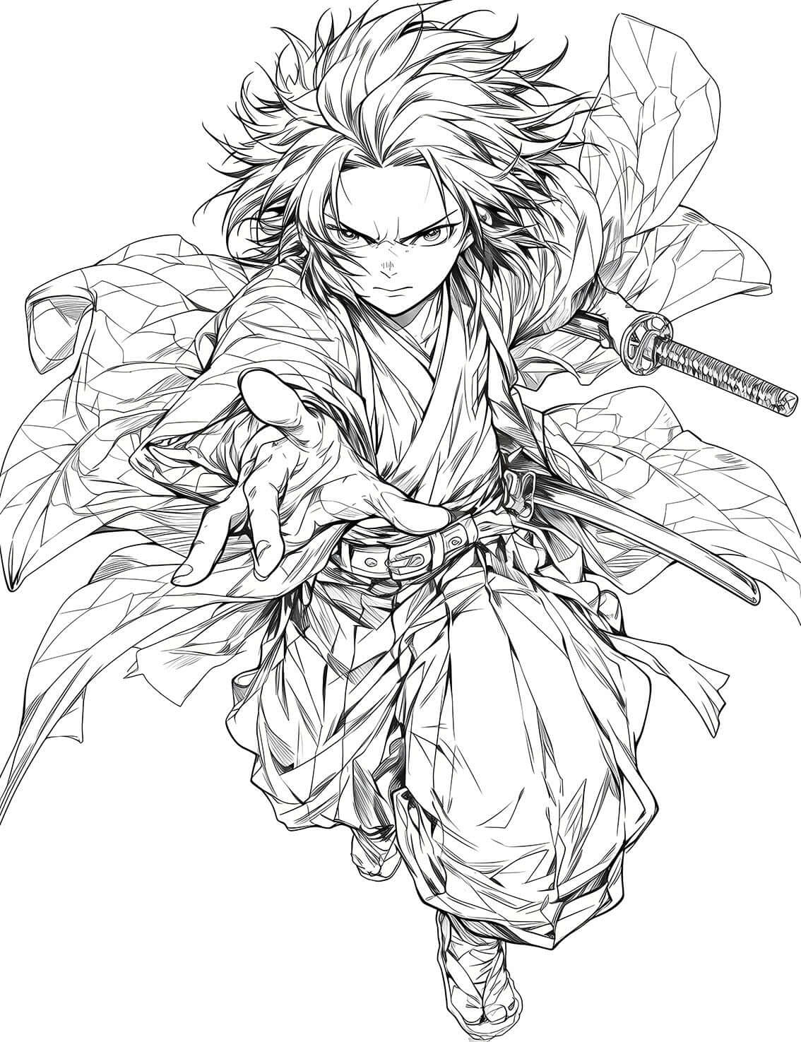 Dynamic anime coloring page of a manga swordsman in a foreshortened action pose, lunging towards the viewer with a hand outstretched, featuring wild hair and a patterned haori.