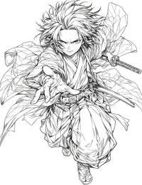 Dynamic anime coloring page of a manga swordsman in a foreshortened action pose, lunging towards the viewer with a hand outstretched, featuring wild hair and a patterned haori.