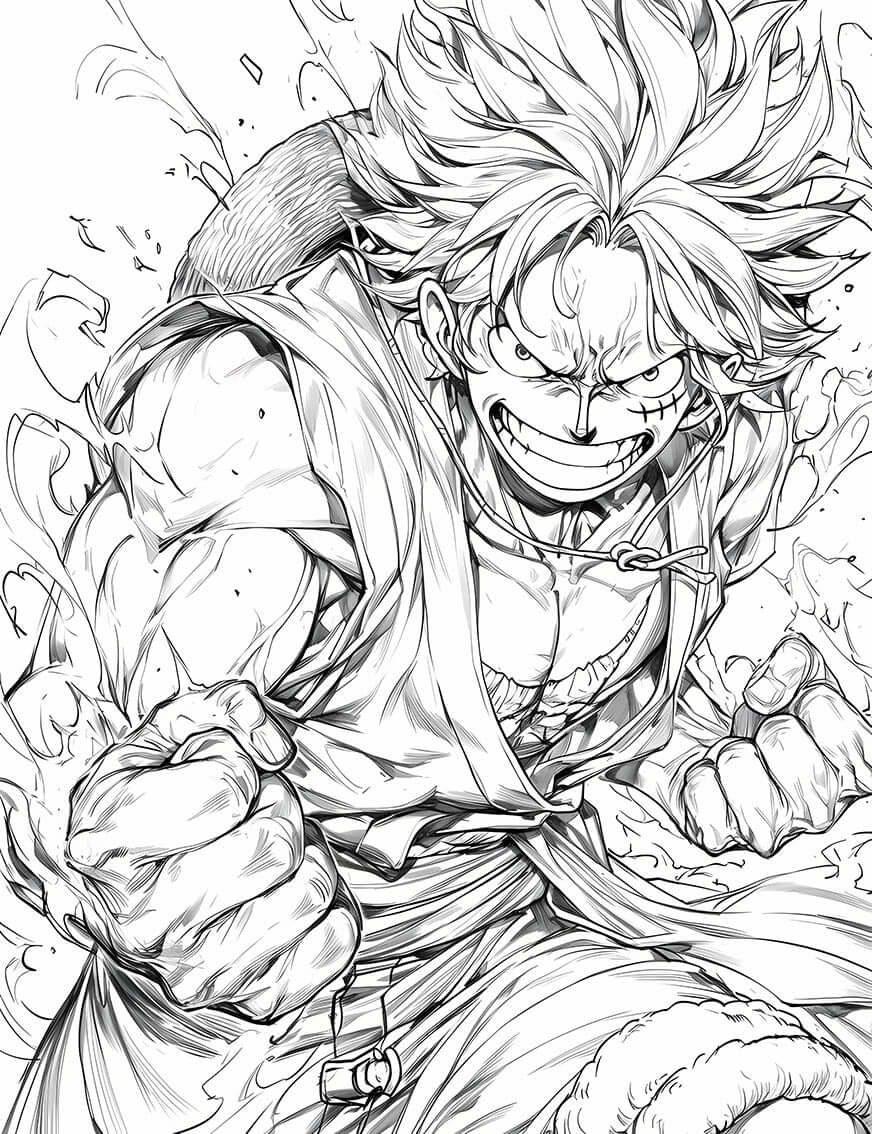 Dynamic Monkey D. Luffy coloring page featuring fierce battle pose and explosive action.