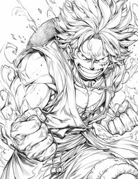 Dynamic Monkey D. Luffy coloring page featuring fierce battle pose and explosive action.