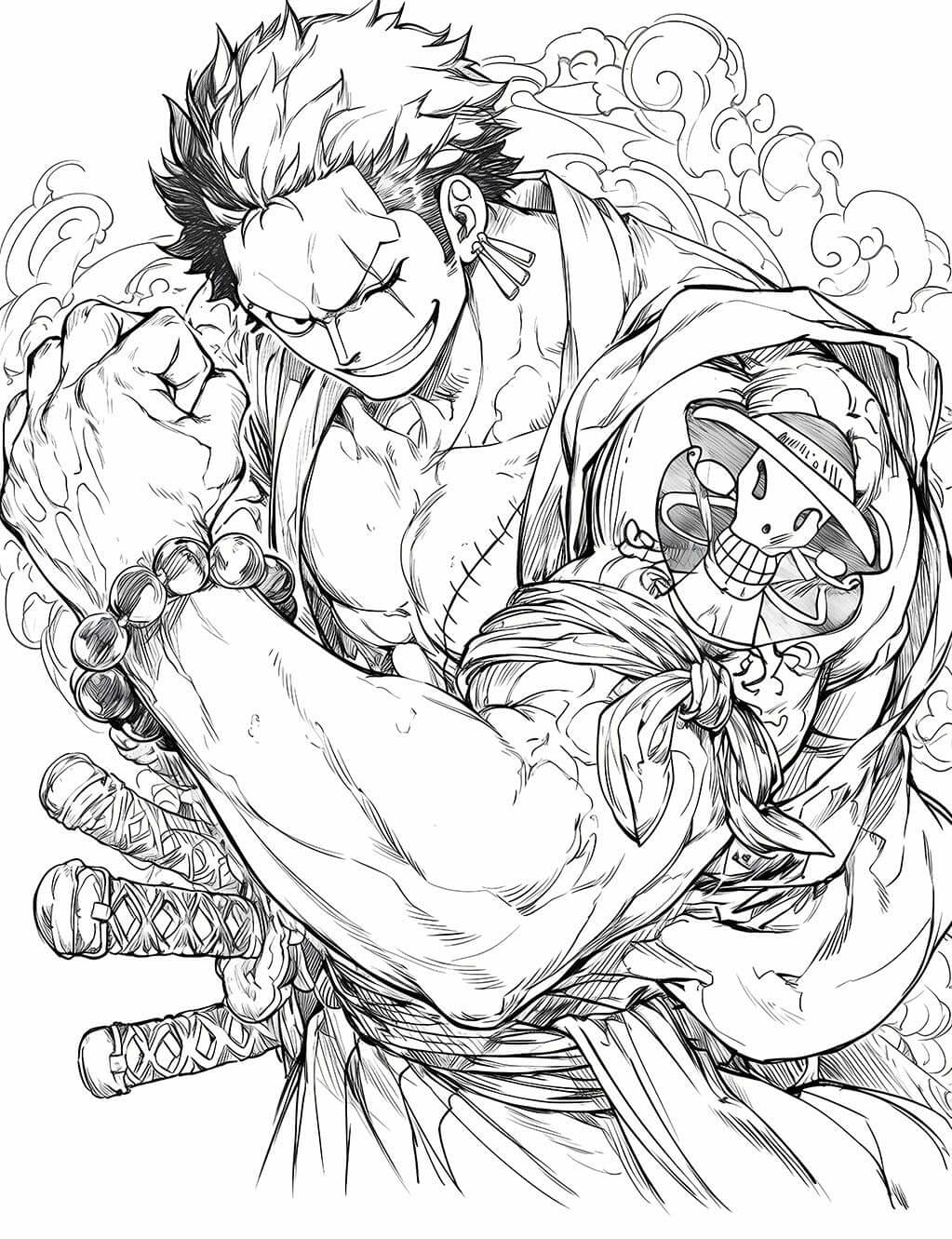Coloring page of Roronoa Zoro from One Piece in a battle-ready pose, showcasing detailed line art.