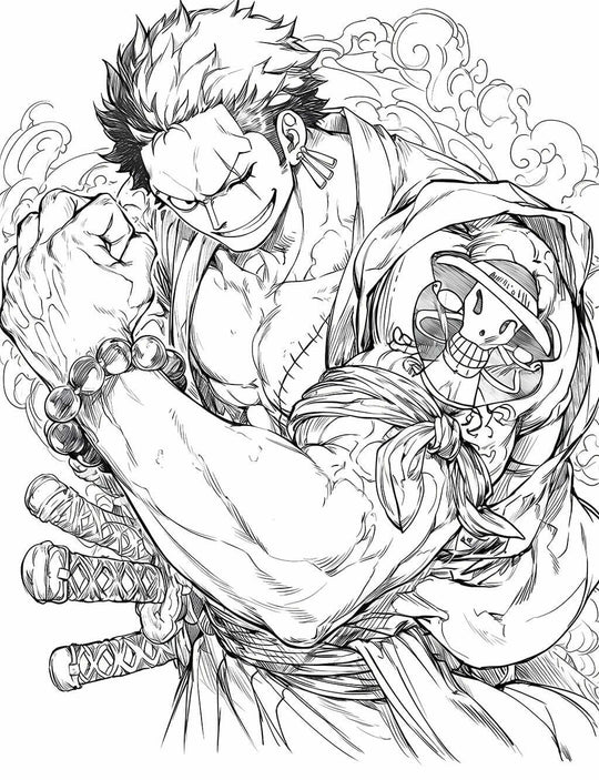 Coloring page of Roronoa Zoro from One Piece in a battle-ready pose, showcasing detailed line art.