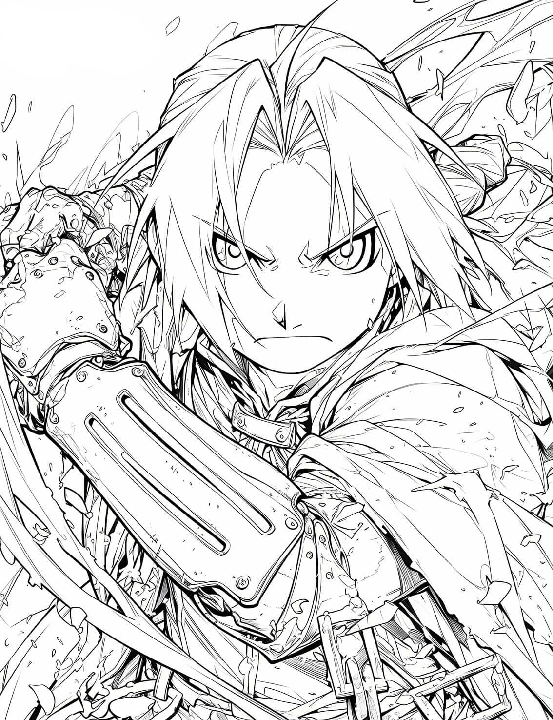 Dynamic line art anime coloring page of Edward Elric from Fullmetal Alchemist in a close-up action pose, showing his detailed automail arm, intense expression, and billowing cloak, in a clean manga style.