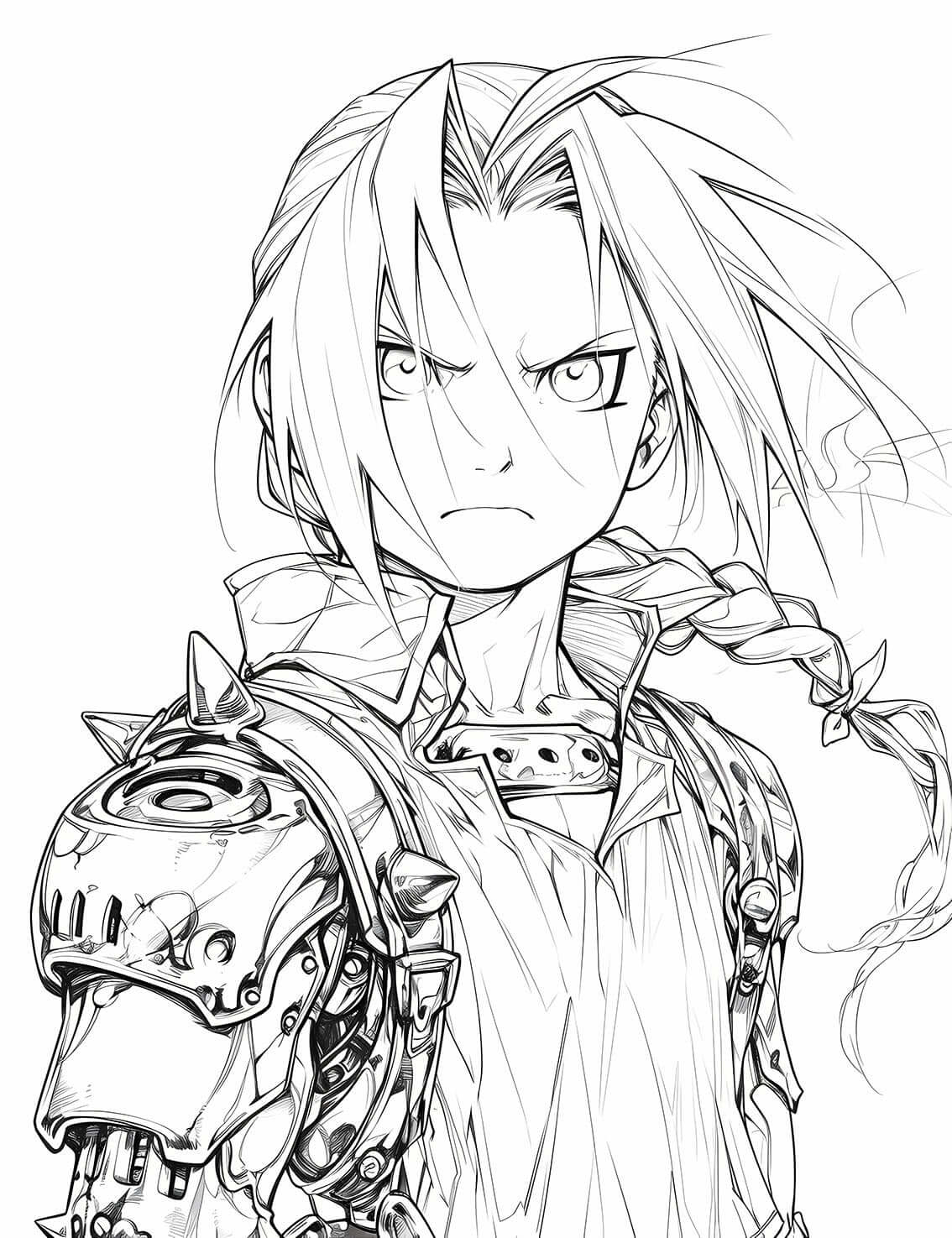 Detailed line art portrait coloring page of a determined Edward Elric from Fullmetal Alchemist, showing his iconic golden braid and his intricate, mechanical automail arm and shoulder armor.