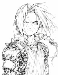 Detailed line art portrait coloring page of a determined Edward Elric from Fullmetal Alchemist, showing his iconic golden braid and his intricate, mechanical automail arm and shoulder armor.
