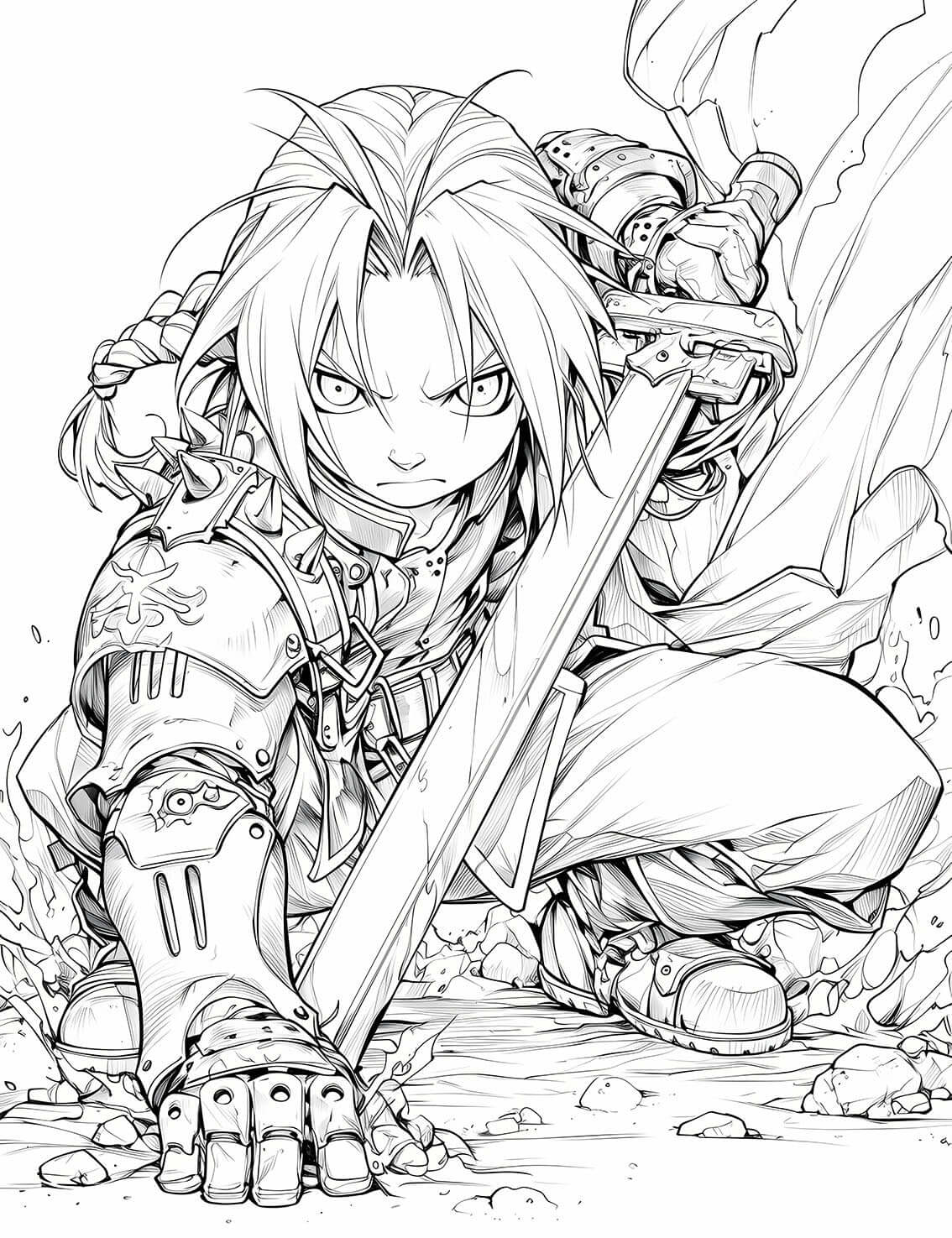 Intense line art coloring page of Edward Elric from Fullmetal Alchemist, in a dynamic crouched pose with his automail arm on the ground and holding a sword, showcasing his determined expression in a detailed anime style.