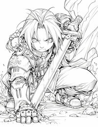 Intense line art coloring page of Edward Elric from Fullmetal Alchemist, in a dynamic crouched pose with his automail arm on the ground and holding a sword, showcasing his determined expression in a detailed anime style.