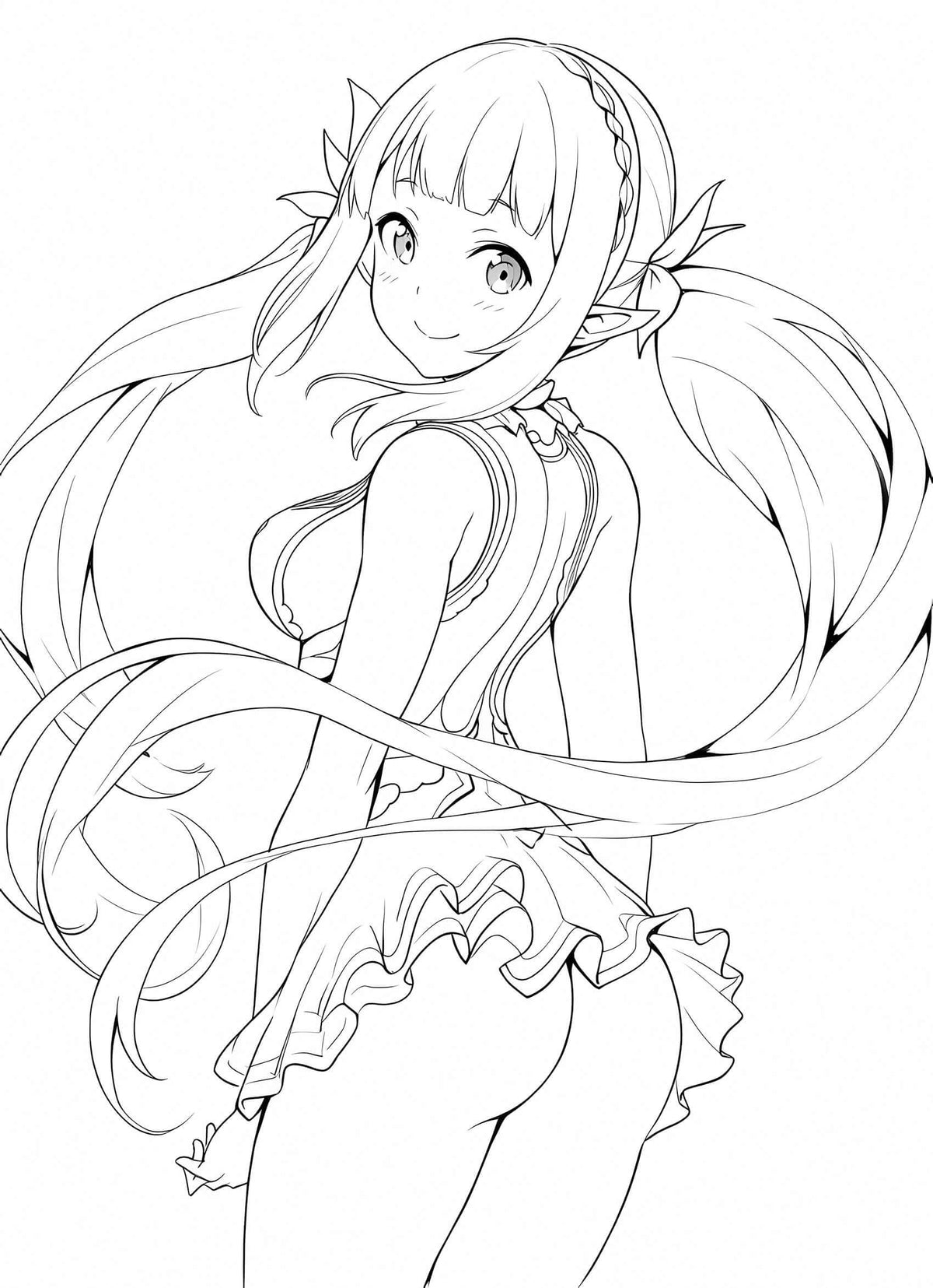 Elegant Anime Elf Waifu Coloring Page: Braided Crownd – Infinite Visibility