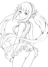 Elegant line art of an anime elf waifu girl with a braided crown, long flowing hair in a side ponytail, and a frilly dress, looking back with a gentle smile – coloring page digital download.