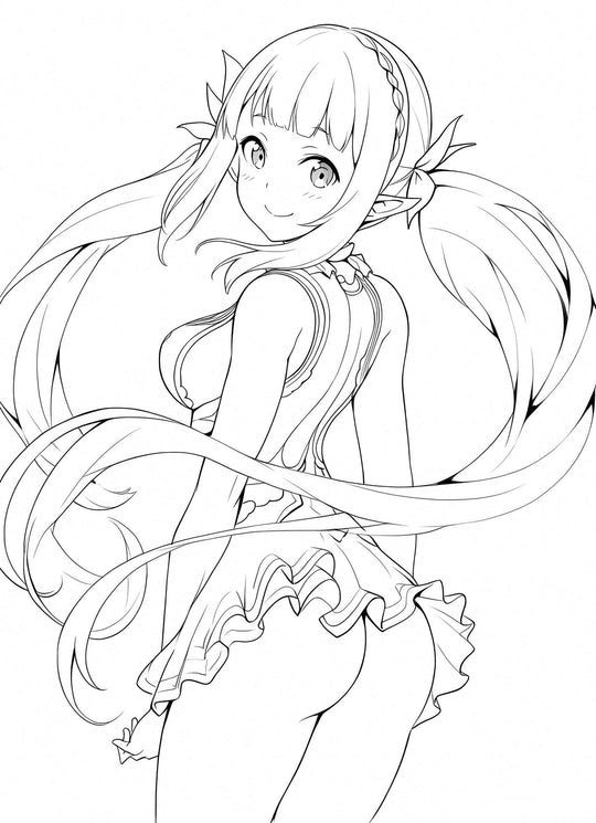 Elegant line art of an anime elf waifu girl with a braided crown, long flowing hair in a side ponytail, and a frilly dress, looking back with a gentle smile – coloring page digital download.
