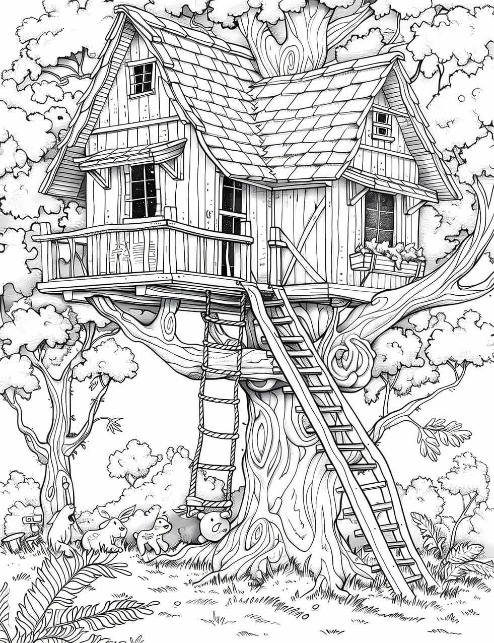 Enchanted Treehouse Adult Coloring Page - Infinite Visibility 🌳🏠✨
