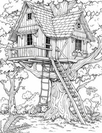 Enchanted Treehouse Adult Coloring Page - Infinite Visibility 🌳🏠✨
