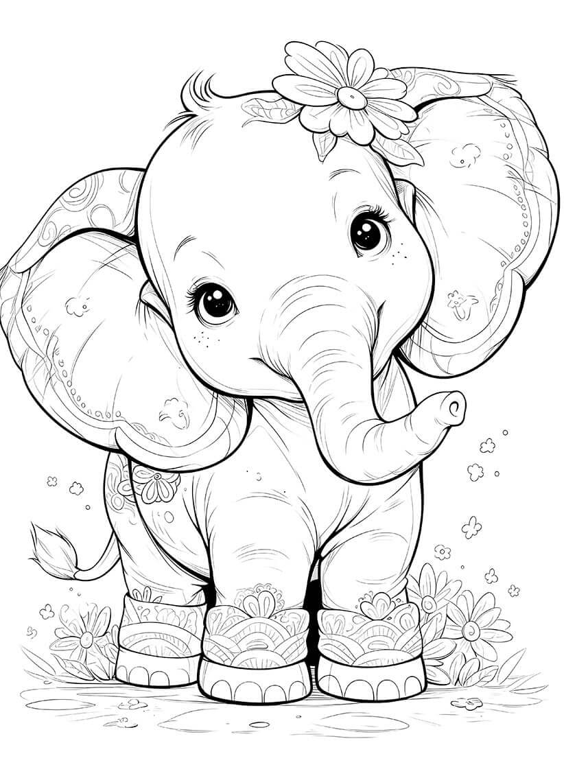 Cute baby elephant coloring page with flower and boots, perfect for kids' creative fun and imagination boost.