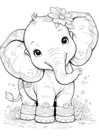 Cute baby elephant coloring page with flower and boots, perfect for kids' creative fun and imagination boost.
