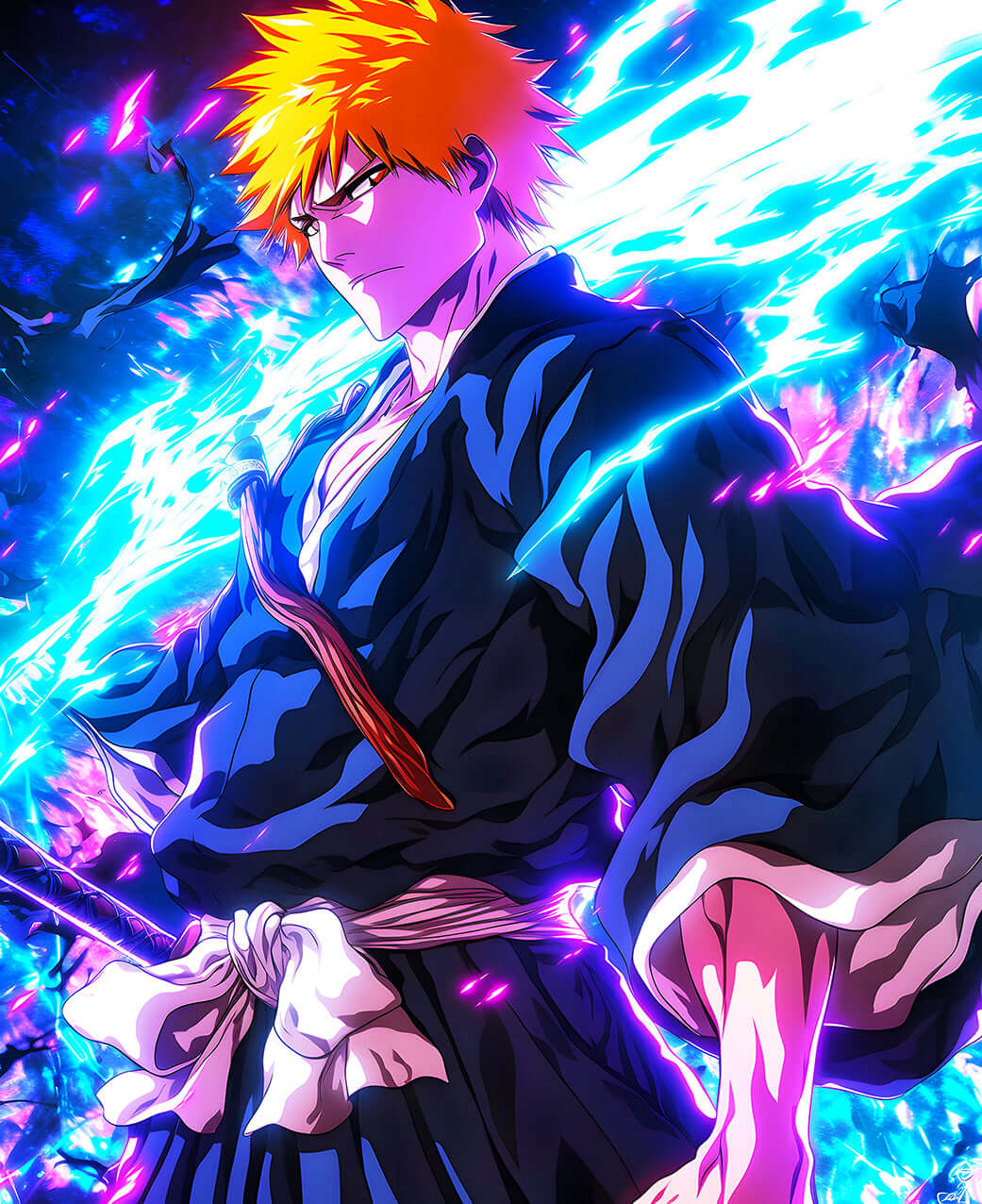 ichigoページ Ichigo Kurosaki Intense Gaze - Bleach Anime Digital Art Print