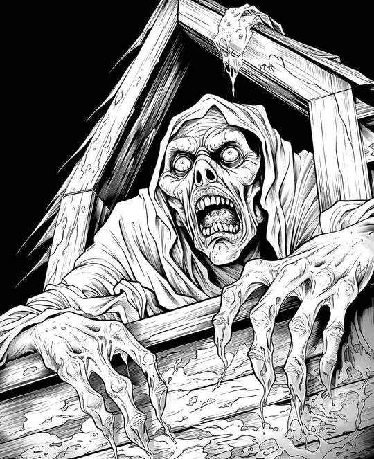 A detailed horror coloring page of a terrifying, hooded ghoul with sharp claws and a screaming mouth, breaking out and climbing from a splintered wooden coffin or crate.