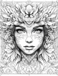 Intricate line art coloring page of a beautiful woman's face with a symmetrical floral headdress and delicate botanical patterns on her skin, representing a flower goddess or nature spirit, for adult coloring.