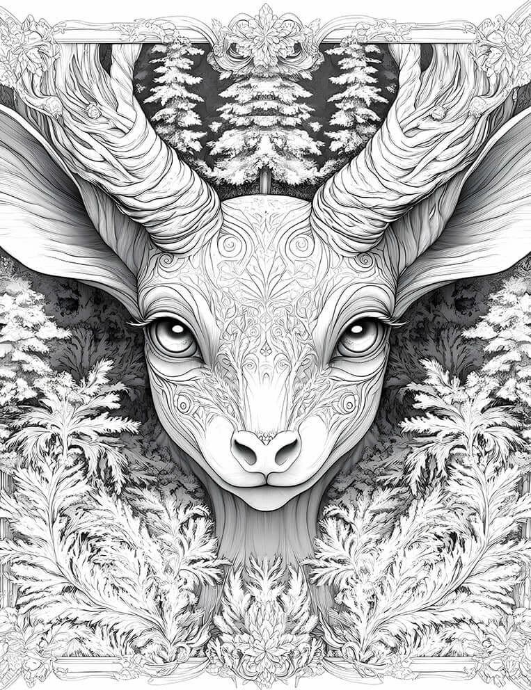 Intricate line art coloring page of a mystical deer spirit with patterned face, large ears, and textured horns, set against a dense evergreen pine forest background with fern-like foliage in the foreground, for adult fantasy coloring.