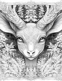 Intricate line art coloring page of a mystical deer spirit with patterned face, large ears, and textured horns, set against a dense evergreen pine forest background with fern-like foliage in the foreground, for adult fantasy coloring.