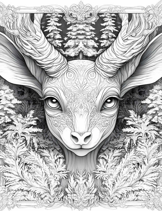 Intricate line art coloring page of a mystical deer spirit with patterned face, large ears, and textured horns, set against a dense evergreen pine forest background with fern-like foliage in the foreground, for adult fantasy coloring.