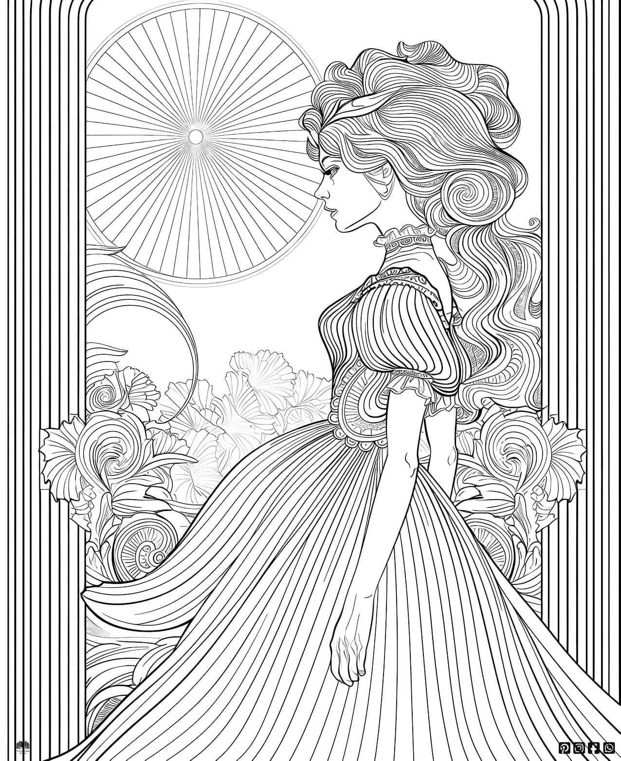 Experience Serenity: Woman in Flowing Gown Coloring Page