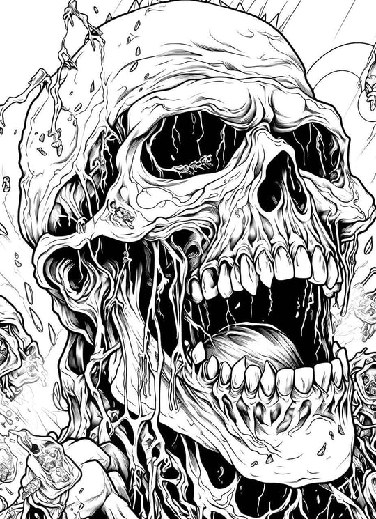 A detailed, heavy-metal style horror coloring page of a screaming, exploding skull with sharp spikes, surrounded by a chaotic blast of sinewy, organic gore and energy.