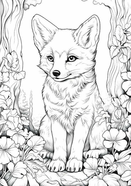 Forest fox coloring page featuring a cute fox nestled among wildflowers and botanical designs in a forest scene.