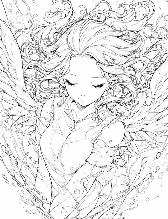 Free anime angel coloring page featuring a serene girl with wings floating in water.