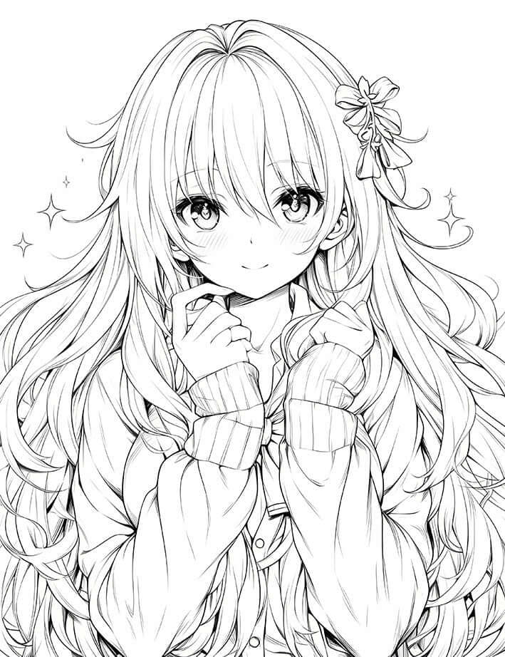 free kawaii anime girl coloring page featuring a long-haired girl with a floral bow and a shy smile.