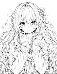 free kawaii anime girl coloring page featuring a long-haired girl with a floral bow and a shy smile.