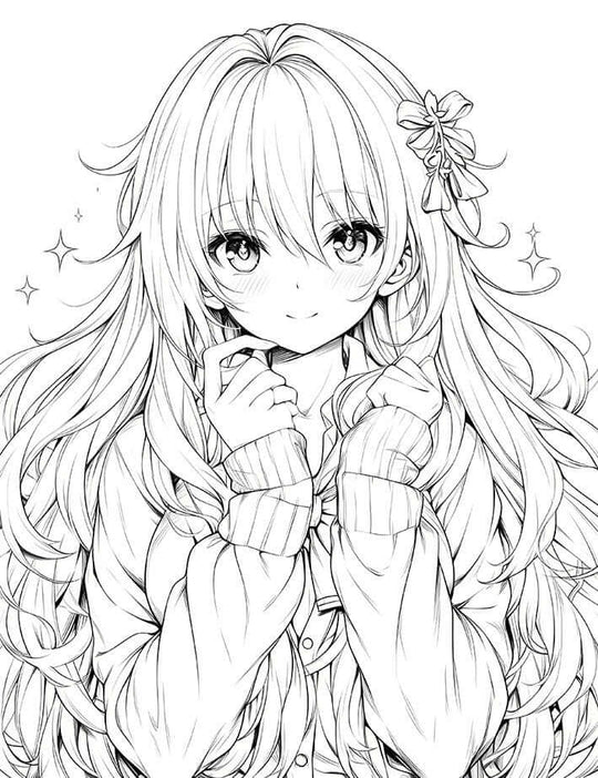 free kawaii anime girl coloring page featuring a long-haired girl with a floral bow and a shy smile.