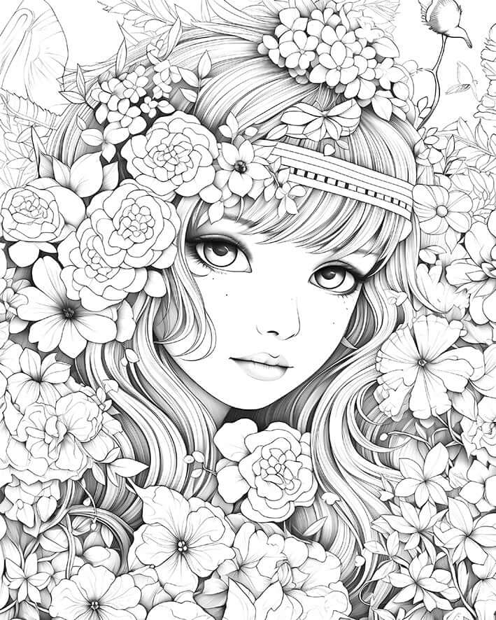 Free manga girl floral coloring page featuring a girl's face surrounded by detailed flowers and blooms.