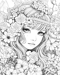 Free manga girl floral coloring page featuring a girl's face surrounded by detailed flowers and blooms.