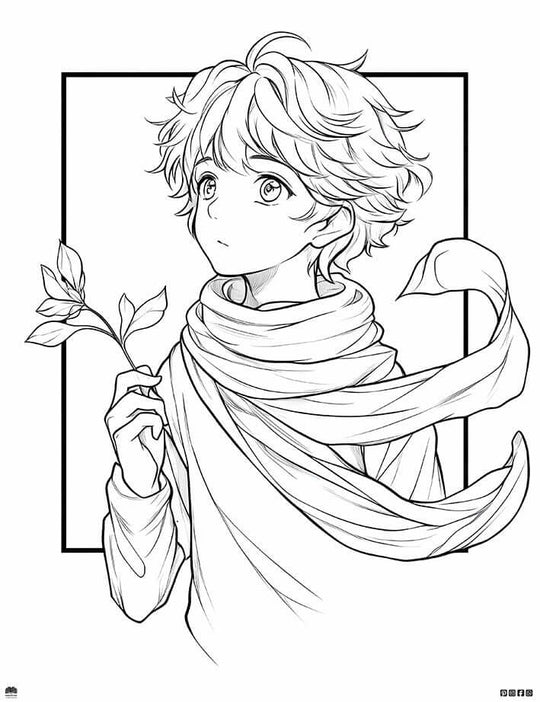 Free anime boy coloring page featuring a contemplative boy with flowing scarf holding a leaf sprig.