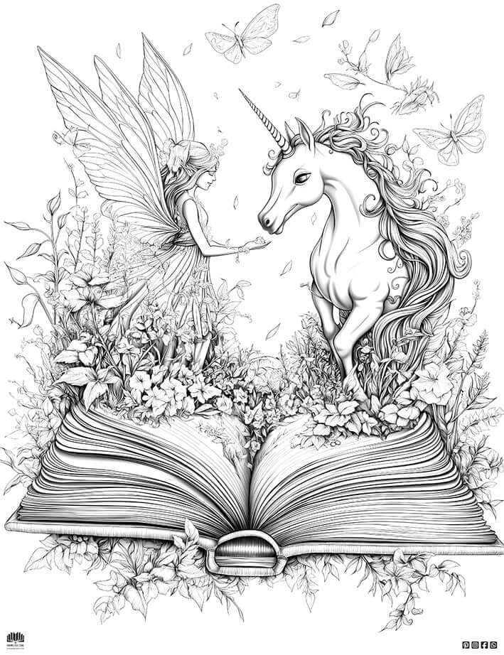 Free fairy unicorn coloring page featuring a fairy and a rearing unicorn amidst wildflowers and butterflies.