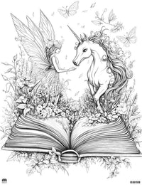 Free fairy unicorn coloring page featuring a fairy and a rearing unicorn amidst wildflowers and butterflies.