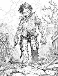 Free halloween zombie coloring page featuring an undead anime boy with a sword in a ruined yard.