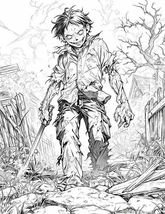 Free halloween zombie coloring page featuring an undead anime boy with a sword in a ruined yard.