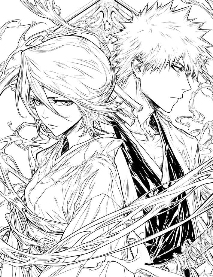 Free Bleach coloring page featuring Rukia and Ichigo Soul Reaper duo in Shinigami robes.