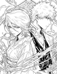 Free Bleach coloring page featuring Rukia and Ichigo Soul Reaper duo in Shinigami robes.