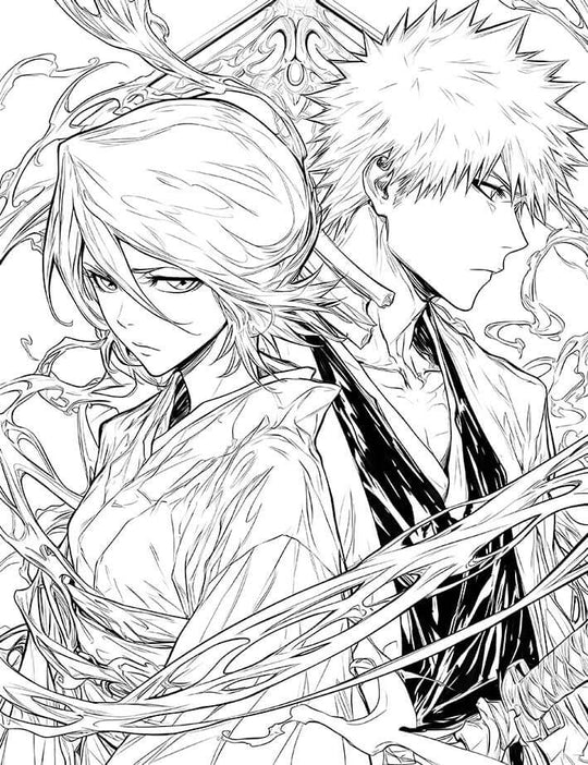 Free Bleach coloring page featuring Rukia and Ichigo Soul Reaper duo in Shinigami robes.