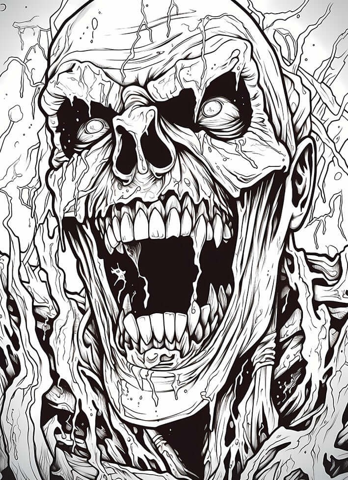 Free horror zombie coloring page featuring a close-up of a screaming undead face with decayed details.