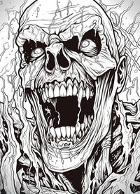 Free horror zombie coloring page featuring a close-up of a screaming undead face with decayed details.