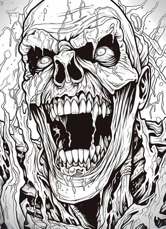 Free horror zombie coloring page featuring a close-up of a screaming undead face with decayed details.