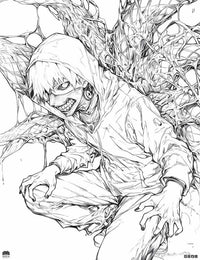 Free Ken Kaneki coloring page featuring Kaneki with white hair and kagune tendrils, ready to color, PDF + JPG.
